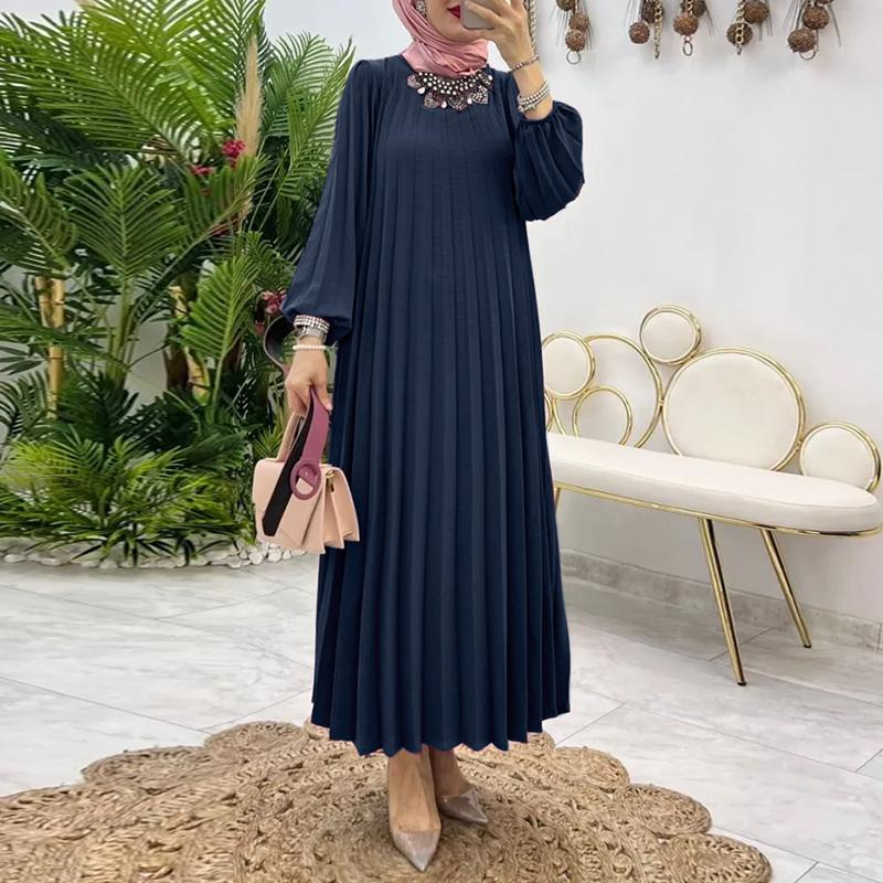 ZANZEA Damen Lässiges Rundhals-Langarm-Kleid mit lockerer Plisseefalte S dunkelblau