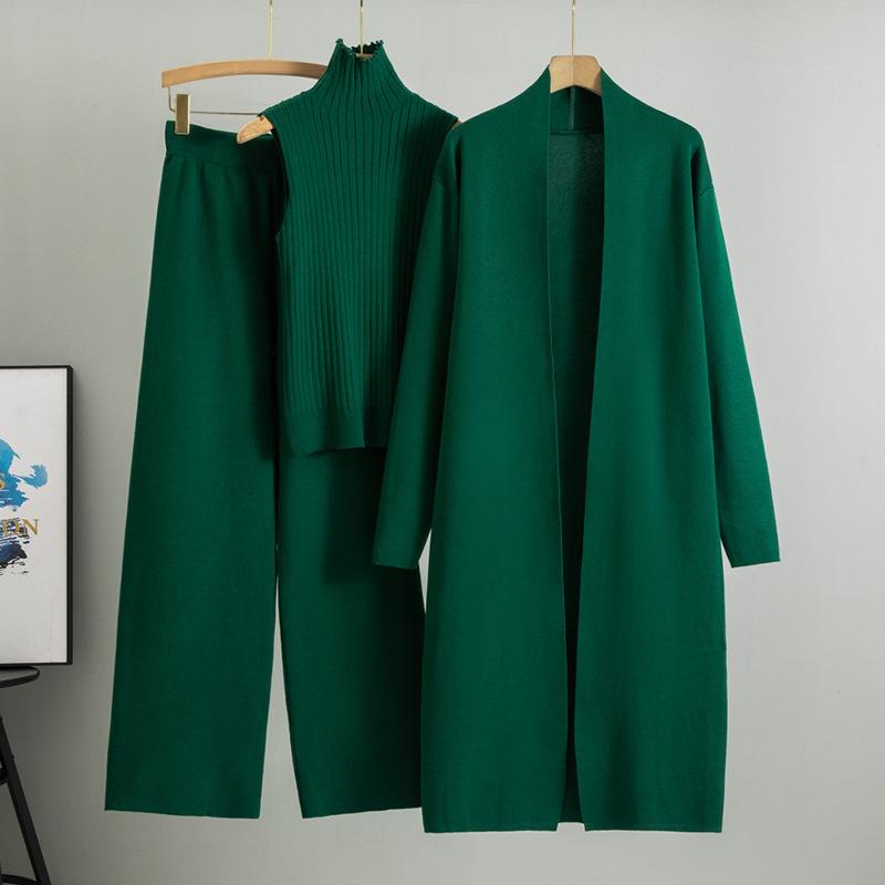 Frühling Herbst 3-teiliges Damen-Strickjacke-Trainingsanzüge, modisches Strickhosen-Set, Damenpullover-Anzug, Vintage-Mode, 3-teiliges Damen-Set one size dunkelgrüne
