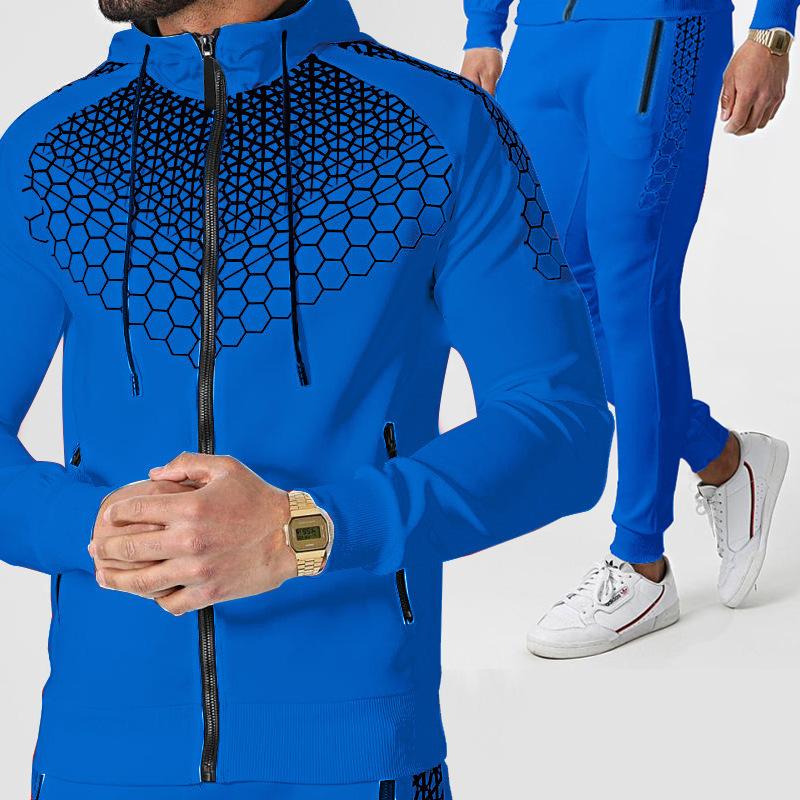 Herrenanzug Zweiteiliger Jogginganzug für den Außenbereich Wabenmuster Sport Reißverschluss Kapuzenpullover Jogginghose Übergröße XL saphirblau