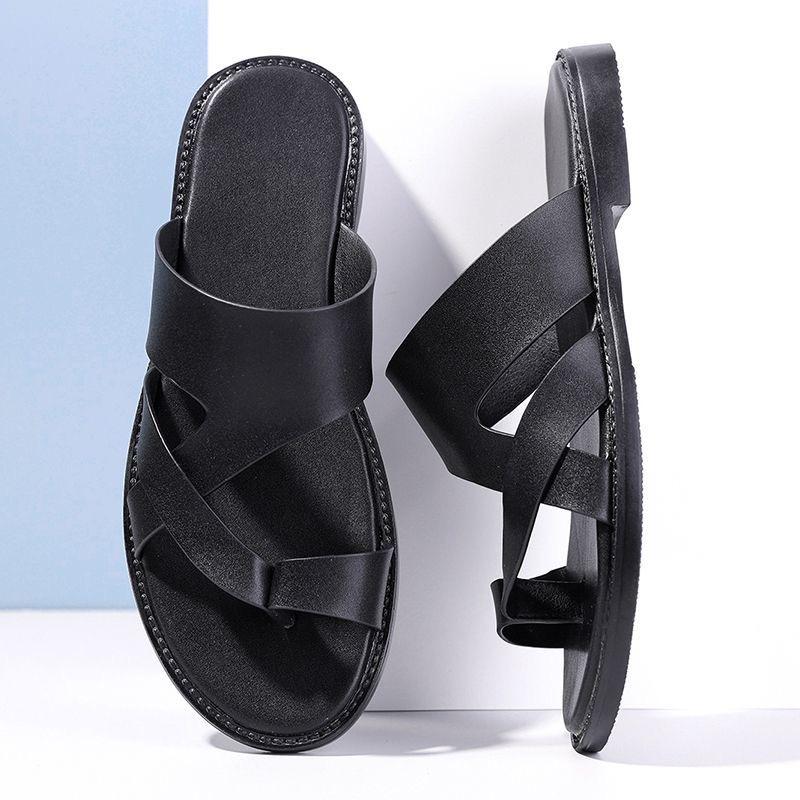 Herren Schwarz Leder Pantoffeln Einfache flache Flip-Flops Sommer Braun Outdoor Römische Sandalen Outdoor Strandschuhe für Vater Übergröße EU:42 schwarz