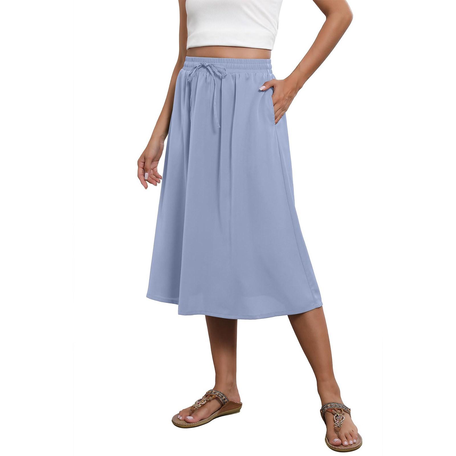 Fließender Rock in Midilänge, elastischer A-Linien-Rock mit hoher Taille und Taschen für Damen, trendiger Rock M violett