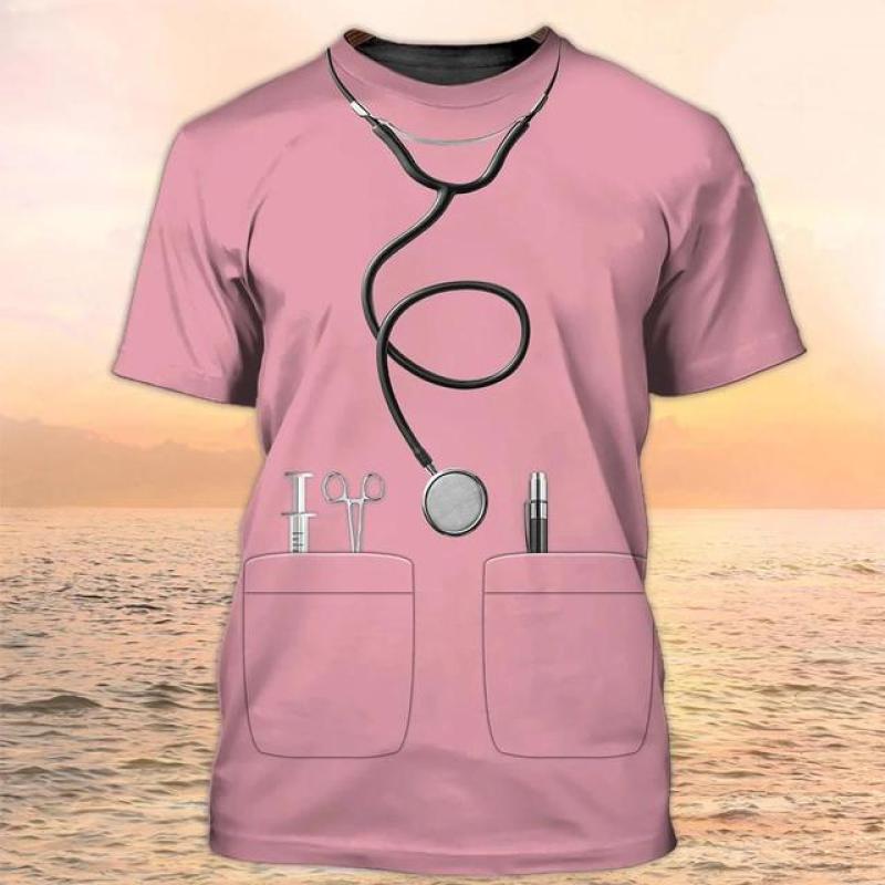 Sommer Damen Rundhals Arzt Krankenschwester benutzerdefinierte Kleidung Uniform 3D gedruckt Krankenhaus Kurzarm T-Shirt Top Arbeitsanzug M