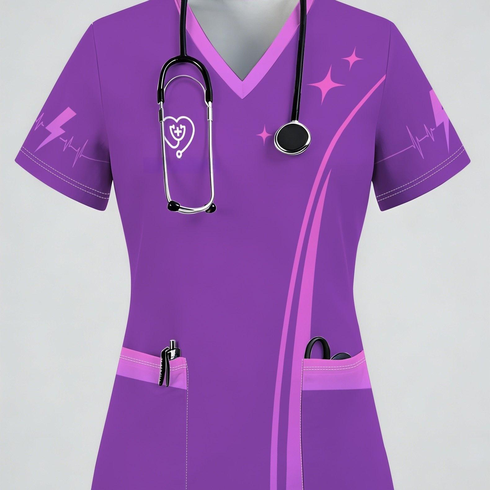 2026 Damen Kasack Arbeitskleidung Damen T-Shirt, Bequemes Damen Kurzarm-T-Shirt, Kurzarm V-Ausschnitt Krankenschwester Damen Oberteil 5XL purple
