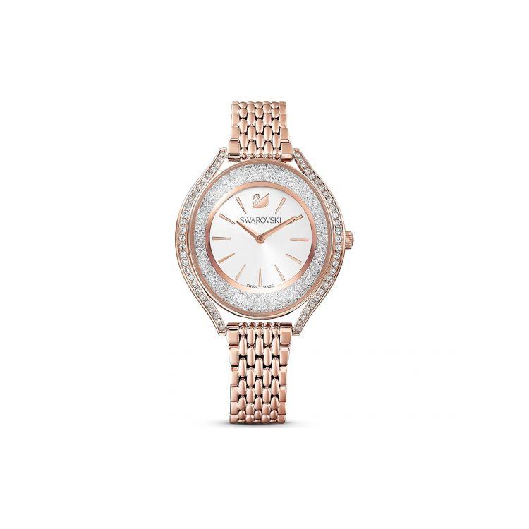 Swarovski Crystalline Aura Uhr Quarzwerk 18 Karat Roségold vergoldet Metallarmband 35 mm Weißes Zifferblatt Wasserdicht Damenuhren 5519459 Regular Watch Box,Rose Gold Strap