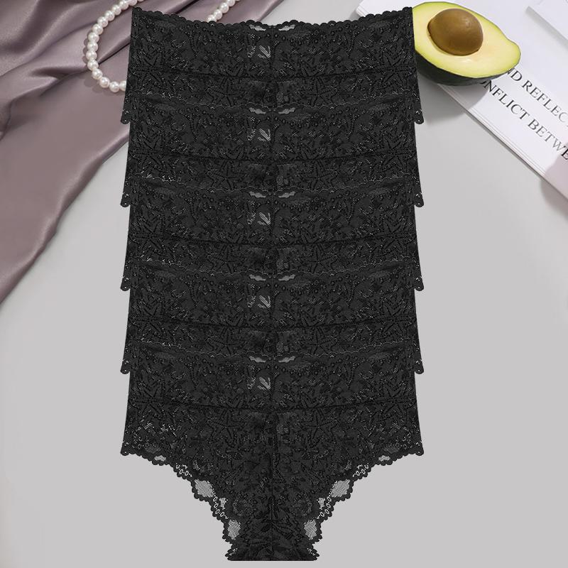 FINETOO 5 Stück/Set Sexy Blumenspitzen-Slips Damen Slips Niedrige Taille Weiche Dessous Bequeme Damenunterwäsche Mädchen Intimwäsche Slips L black