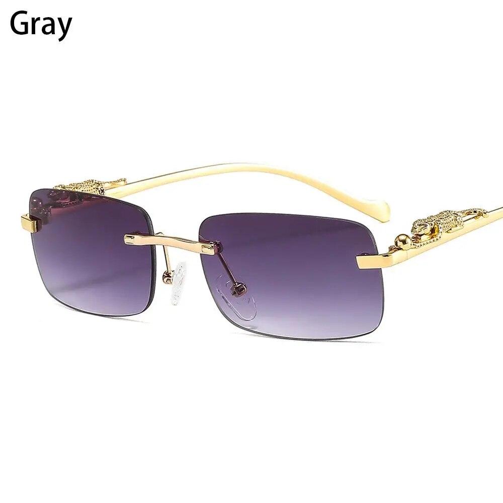 Randlose Rechteckige Sonnenbrille Retro Klare Ozeanlinse Sonnenbrille Geparden Dekoration Shades UV400 Brillen für Damen Herren graue