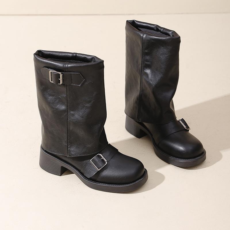 Vintage Western Cowboy Stiefel Damen 2025 Plissierte Stiefel mit Schaft Absatz Gürtelschnalle Mittelgroße Stiefel Große Größe Ritterstiefel 41 schwarz