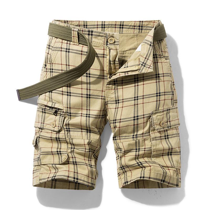 Sommer Baumwolle Herren Shorts Casual Sport Arbeitskleidung Fünf-Punkt-Hose Plaid Slim Multi-Pocket-Hose XL khaki