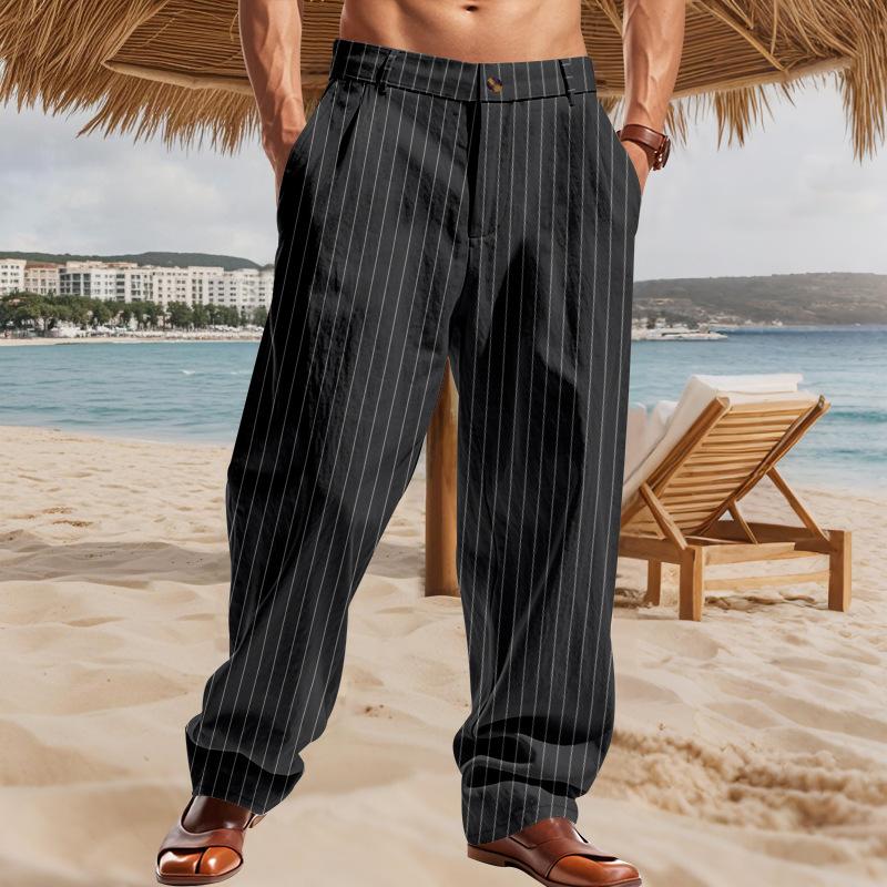 Herren Baumwolle Leinen Hose Locker Kühl Gestreift Lässig Strand Lange Hose Reißverschluss Große Größen Streetwear Mode Leichte Hose XS schwarz