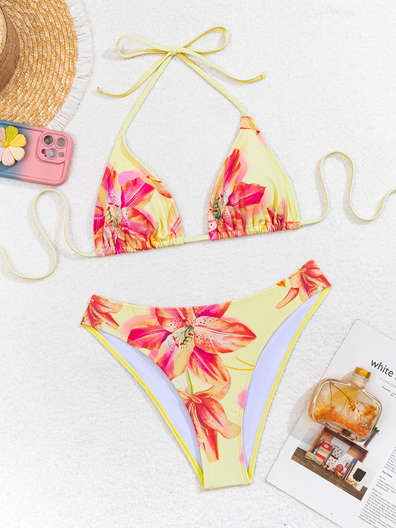 Bedruckter Bikini zum Binden Dreieck Sexy Bikini geteilter Badeanzug für Frauen XS gelb