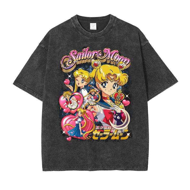 Anime Sailor Moon T-Shirts, Vintage, gewaschen, Tsukino Usagi, Streetwear, süße Mädchen-T-Shirts, übergroße Manga-Kurzarm-Tops, T-Shirts M