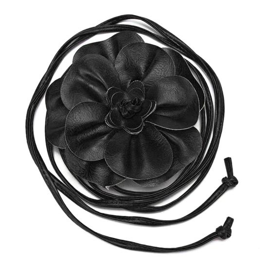 Boho-Blumen-Taillengürtel für Damen und Mädchen, florales Kunstleder, Seil, Taillenband, Hochzeitskleid, dünner Bund schwarz