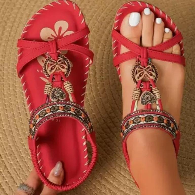 Mode Böhmischer Stil Sommer Damen Sandalen Freizeit Strand Sandalen Weiche Sohle Niedrige Absätze Sandalen De Mujer 2025Neu Flache Sandalen Damen 41 rot