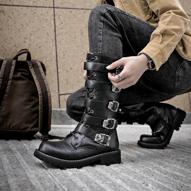 Herren Punk Gothic Bikerstiefel Hoch Schnalle mit Riemen Seitlicher Reißverschluss Reitstiefel für Cosplay Kostüm Aufführung Bequem Schwarz 40 schwarz