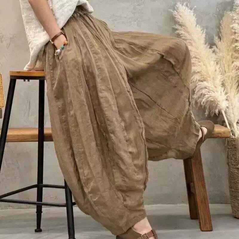 Sommer Herbst Baumwolle und Leinen Bloomers Hose Damen Lockere Hose Mode Damen Vintage Bedruckte Florale Bohemian Gerade Hose 2XL khaki