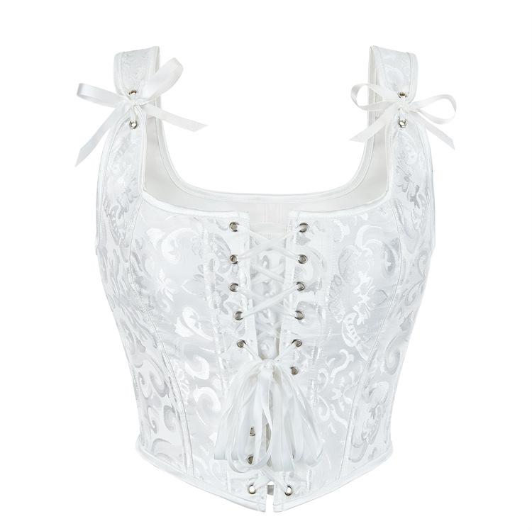 Damen Tank Top Vintage Renaissance Samt Korsett Quadratischer Hals Kreuz Schnürung Vorne Jacken Mäntel Weste Ärmellos S weiß