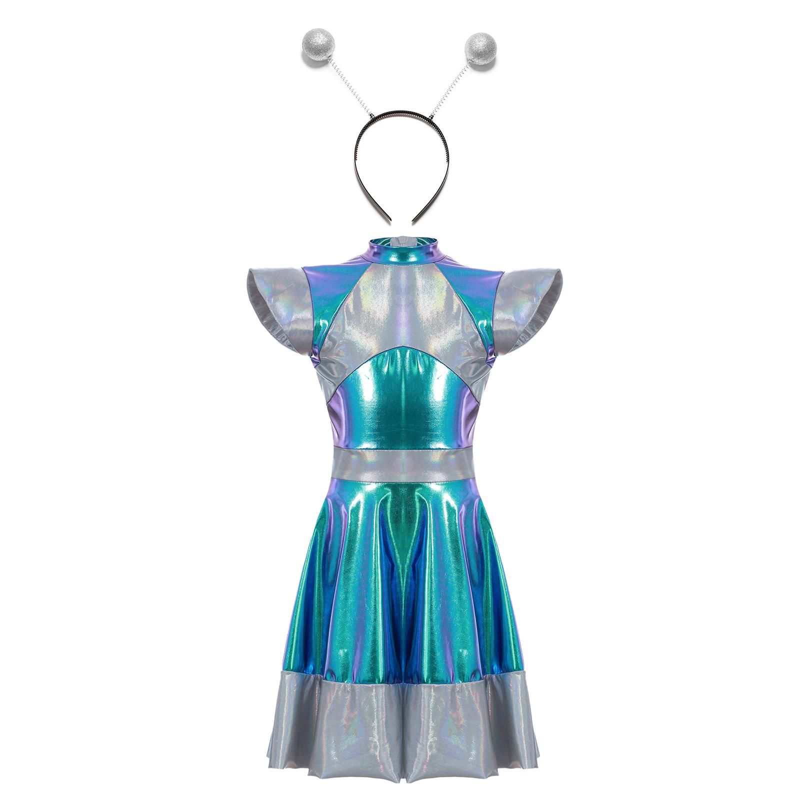 Mädchen Alien Cosplay Kostüm Space Cutie Kleid Lustiges Alien Stirnband Accessoire Halloween Weltraum Verkleidungsoutfit 9-10 Years silber