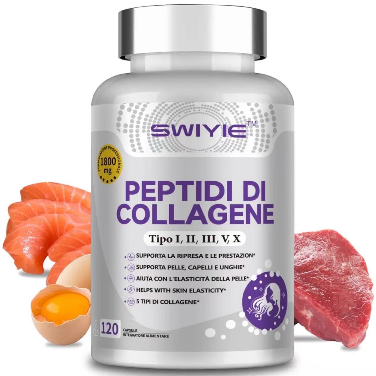 SWIYIE-Multi-Kollagenpeptide-Kapseln 1800mg, Hydrolysierte Kollagen-Nahrungsergänzungsmittel für Frauen & Männer Protein unterstützt Haut, Knochen & Gelenke | 120 Stück