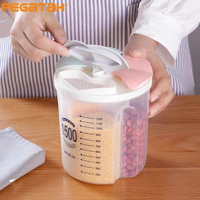 Versiegelte Aufbewahrungsbox für die Küche, Müslispender, Lebensmittelvorratstank, rotierende Becher für trockene Lebensmittel, Behälter, Mehl- und Getreidedosen-Organizer 3-grid-1500ml