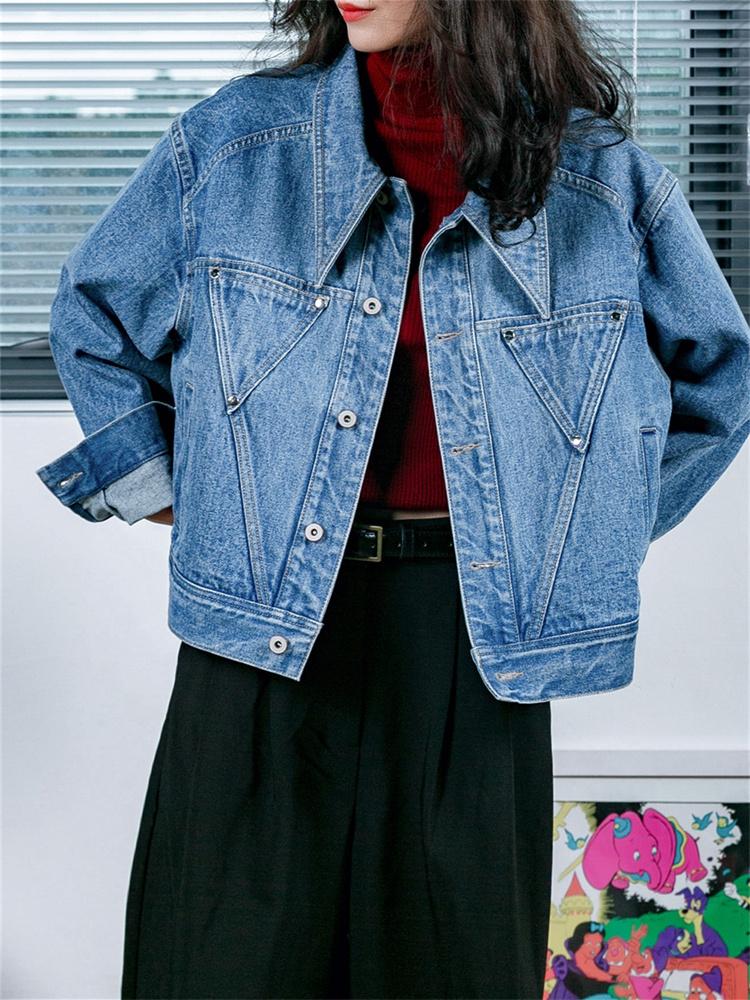 Jeansjacke für Damen, neue Vintage-Langarm-Umlegekragen-Mäntel, schicke, lässige, einreihige, kurze Jeansjacke XL blau
