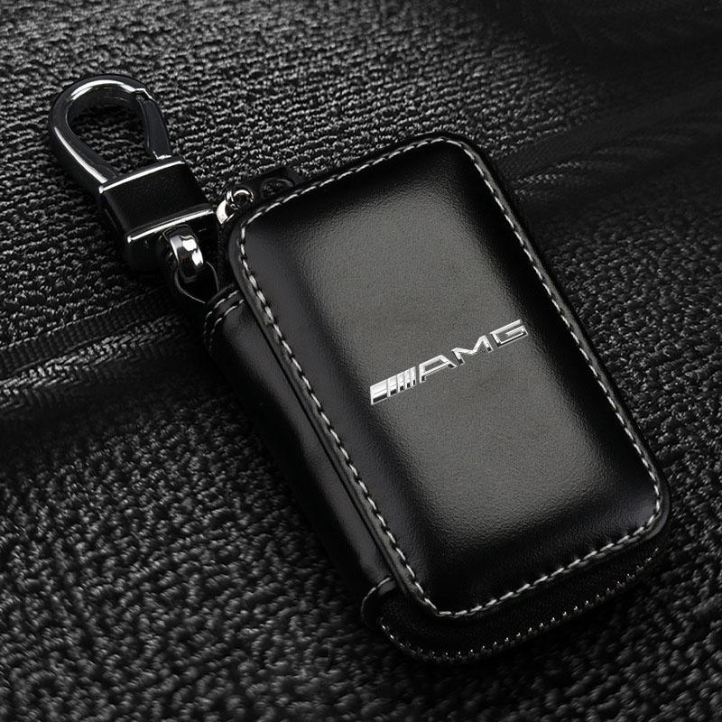 Leder Emblem Autoschlüsseletui Schlüsselanhänger Reißverschluss Schlüsseletui Tasche Autozubehör Für Mercedes-Benz AMG C500 C200 C300 A B C E GLA CLA GLK GL ML GLE W204 W205 AMG schwarz