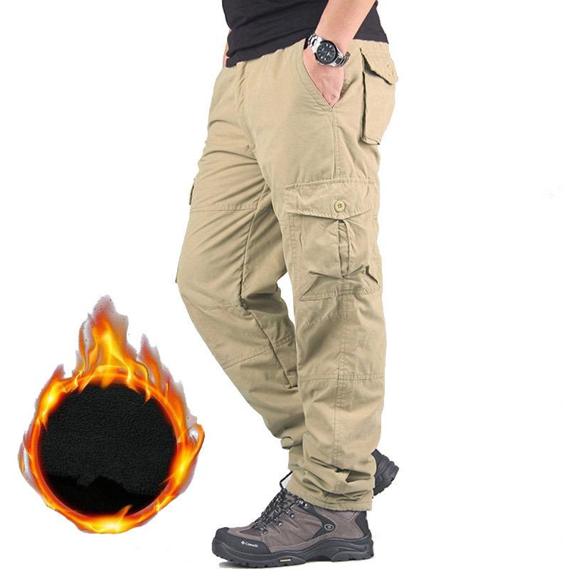 Winter Dicke Fleece Cargohose Herren Baumwolle Casual Hose Doppellagig Plus Samt Warme Thermohose L khaki