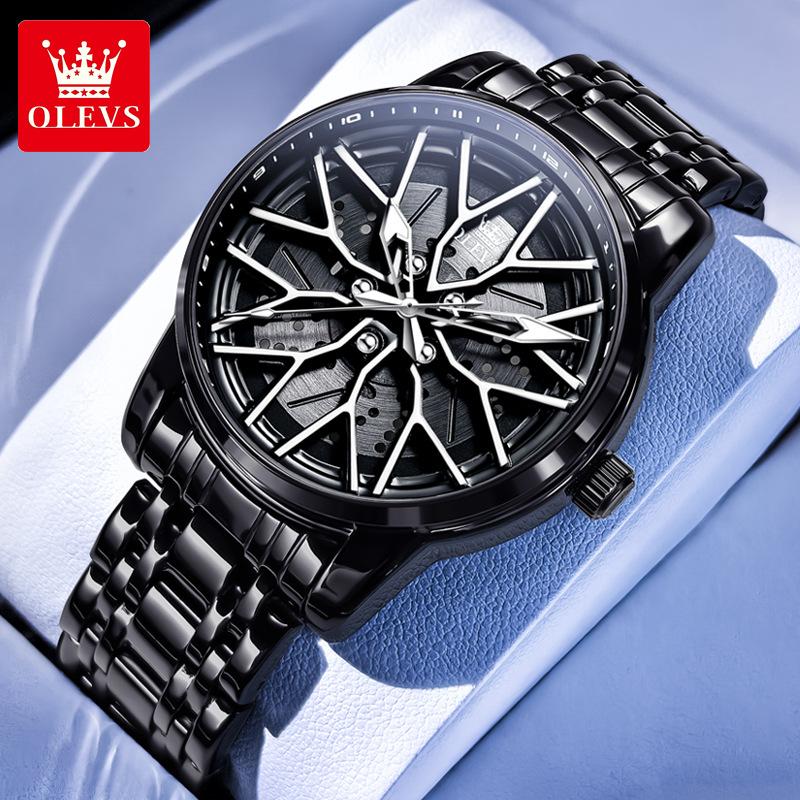 OLEVS Mode 360° Drehzifferblatt Sportwagen Felge Radnabe Quarz Uhr Herren Wasserdicht Edelstahl Herren Armbanduhr weiß