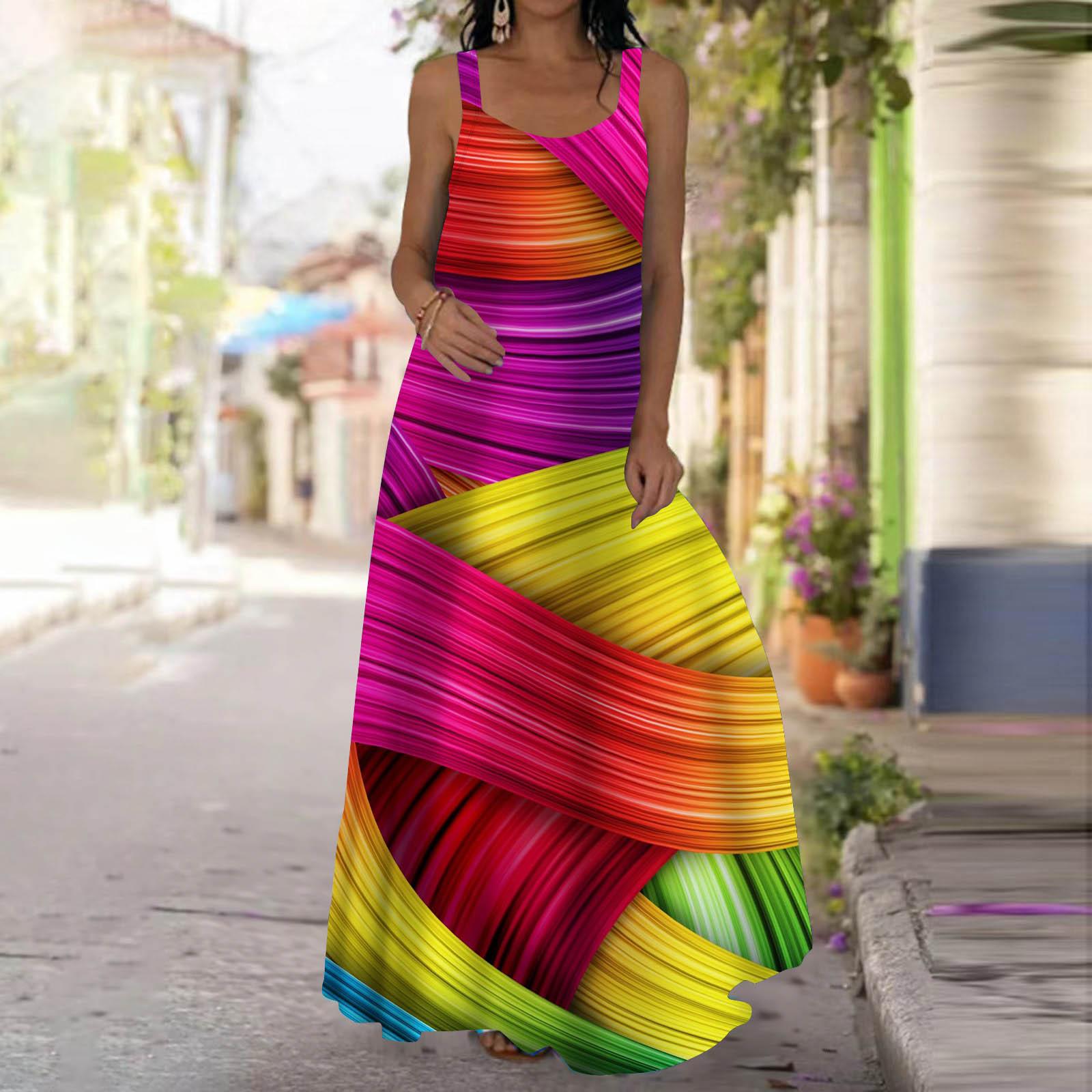 Damen Slip-Kleid Maxi Langes Kleid Sternenregenbogen-Print Kleid Frühling & Sommer V-Ausschnitt Freizeit Urlaub M rosa