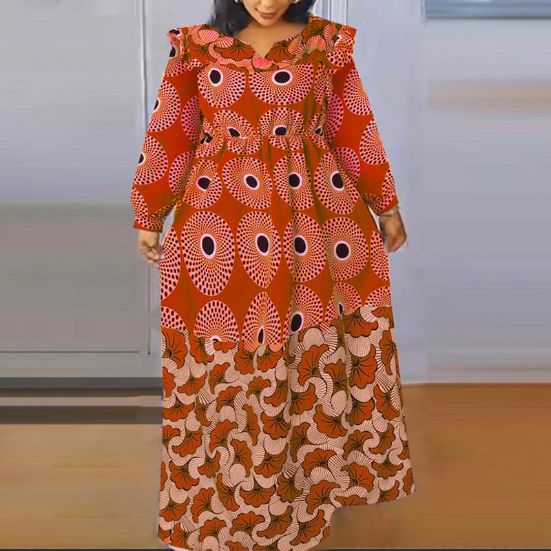 Damen Plus Size Fashion Rundhals Langarm Bedruckte Kleider 4XL orange