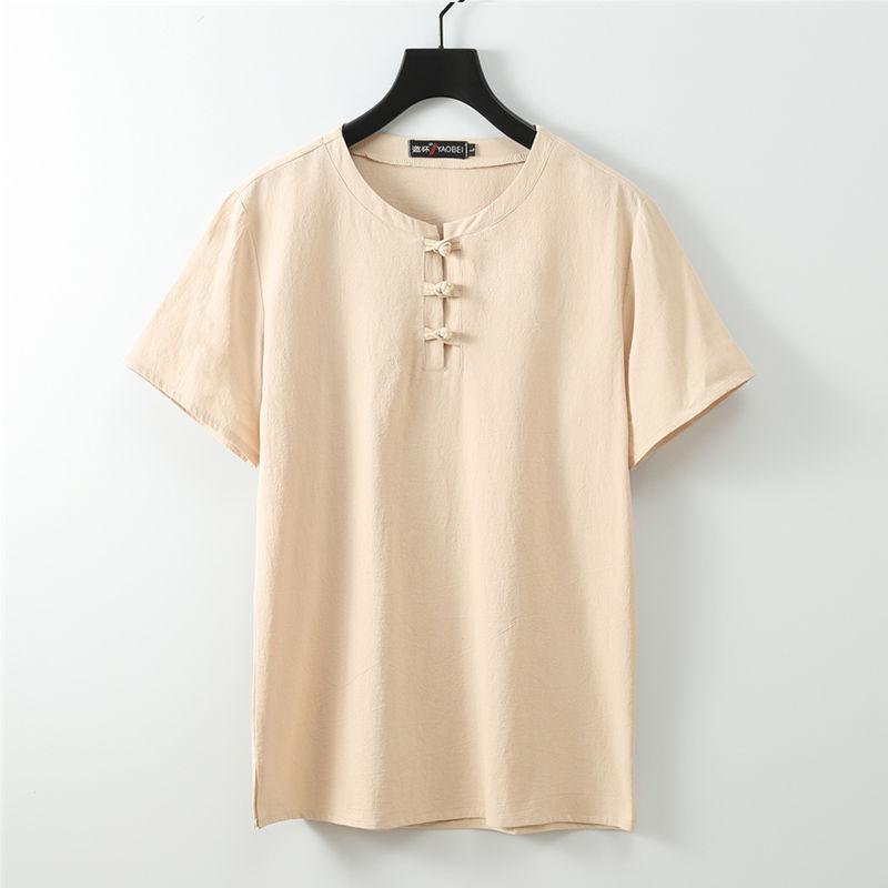 Herren-T-Shirts in Übergröße, Leinen, chinesischer Stil, Sommer, Rundhalsausschnitt, große Kurzarm-T-Shirts, männliche T-Shirts, Tops, Übergröße 7XL apricot