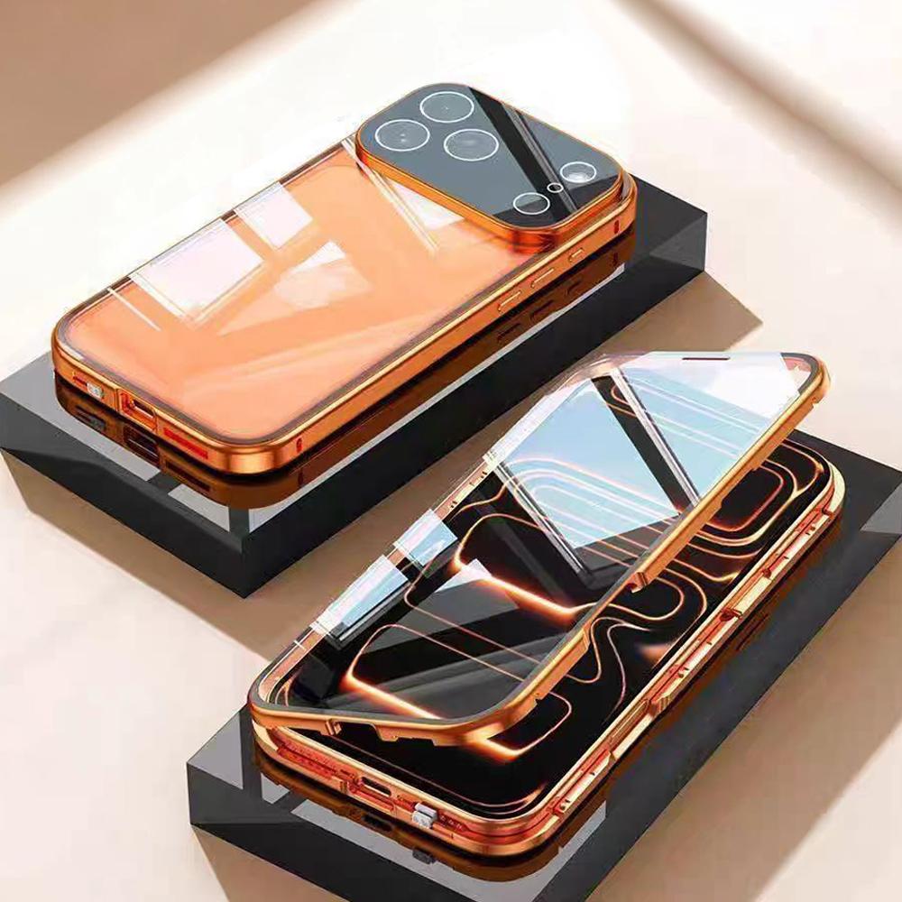 360° Vollschutz Metall Magnetische Handyhülle Für IPhone 17 Air 16 15 14 13 12 11 Pro Max Doppelseitiges Gehärtetes Glas Stoßfeste Hülle For iPhone Air orange