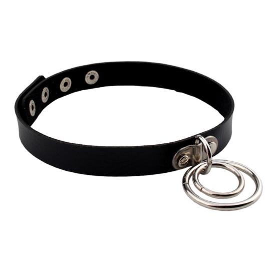 Damenmode Punk Choker Doppelringe Anhänger Kunstleder Kurze Kragen Halskette schwarz