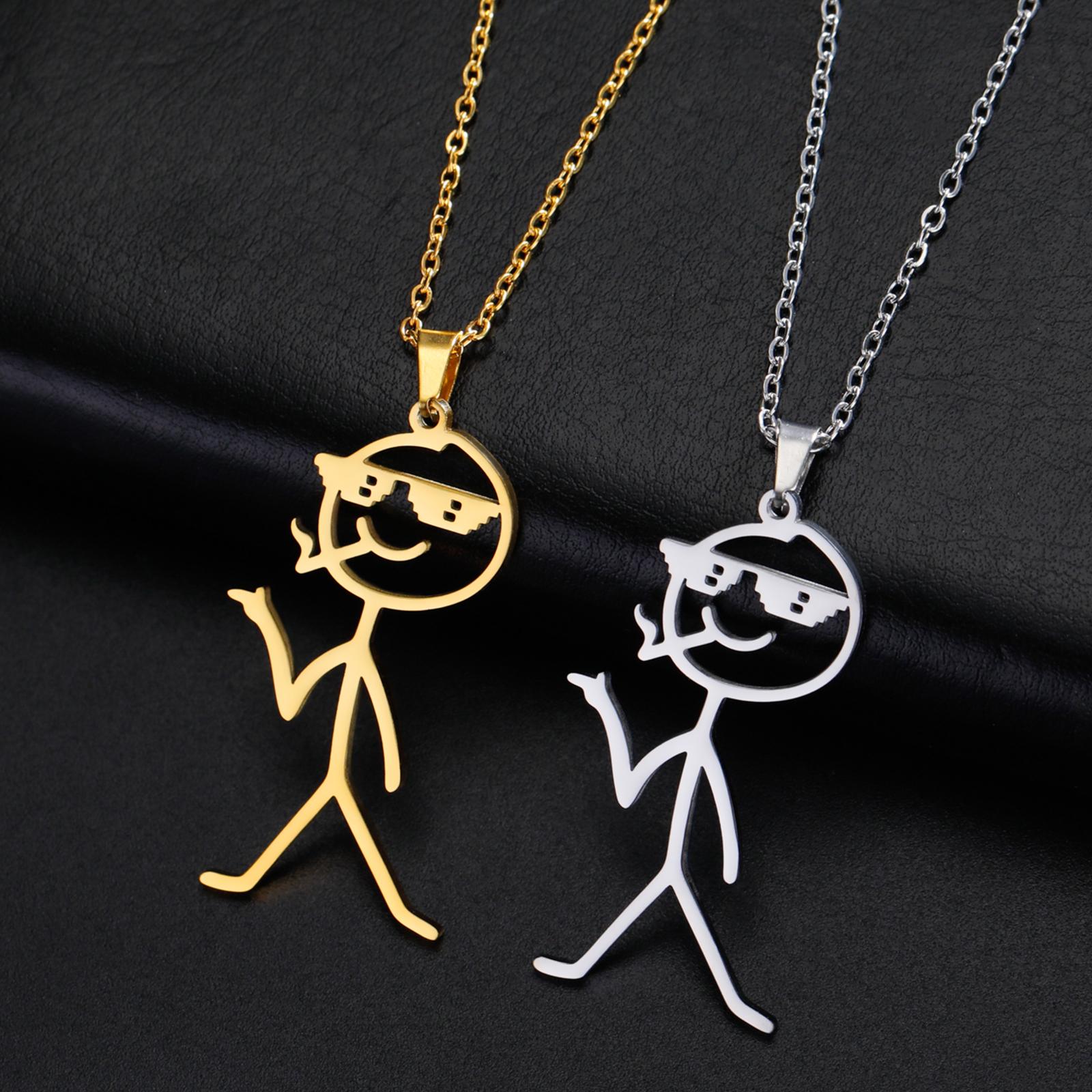 Teamer Hip Hop Mittelfinger Stickman Halskette Rock Punk Lustiger Kritzel Anhänger Halskette für Damen Herren Trend Schmuck Geschenk Silver&45cm black