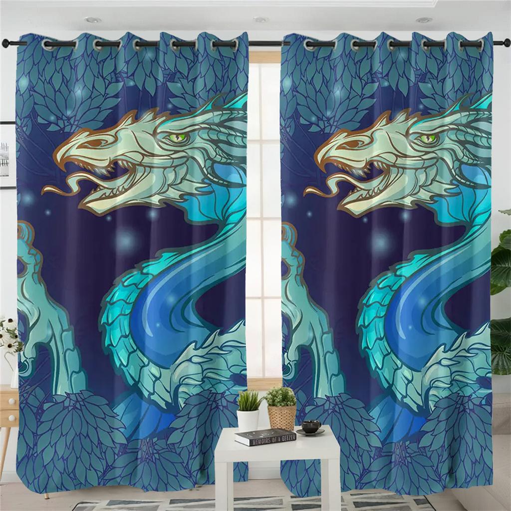 3D Tiefdrache Vorhänge Antike Heilige Drachenfamilie Vorhänge 2 Paneele Kinderzimmer Wohnzimmer Schlafzimmer Balkon Dekoration Vorhänge 50W130H(CM)x2&Hook blue