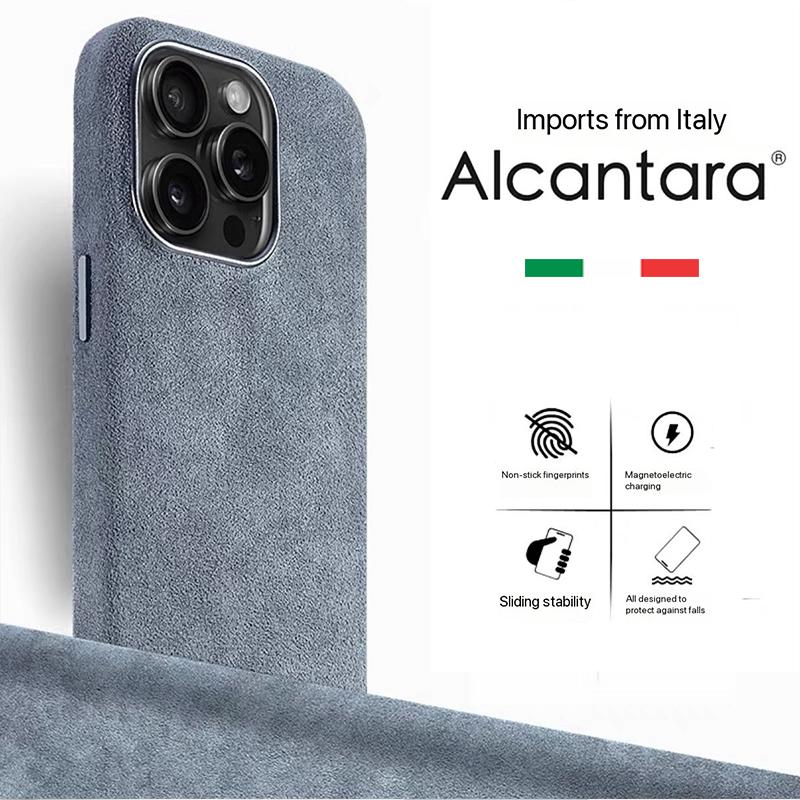 Echte Alcantara Hülle für IPhone 15 16 17 Pro Max Plus Air Luxuriöse Magnetische Abdeckung Leder Magsafe Handyhülle für 16 15 14 Pro Max For iPhone16 Pro Max hellgrau