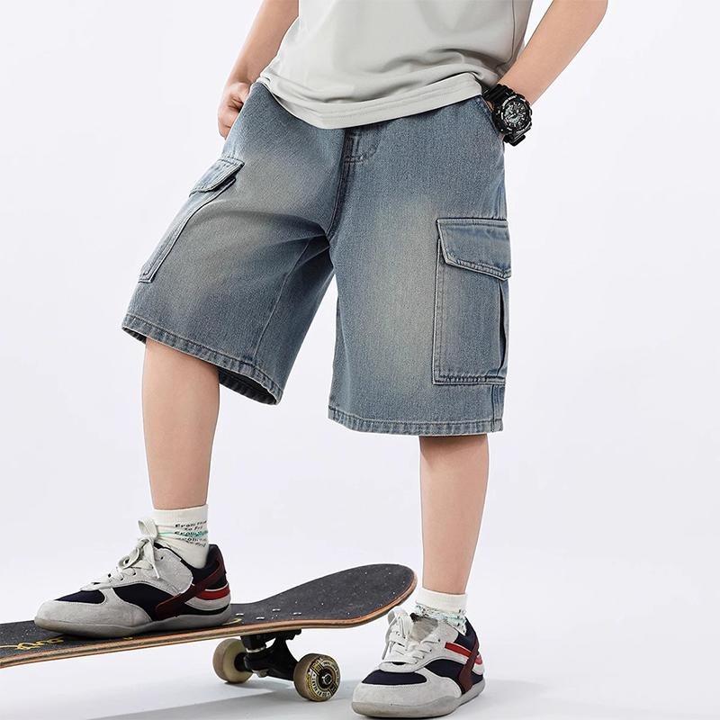 Sommer Teenager Jungen Jeansshorts Mode Einfarbige Große Tasche Dünne Jeanshosen für 4-14 Jahre Kinder Kinder Freizeit Hosen 110 blau