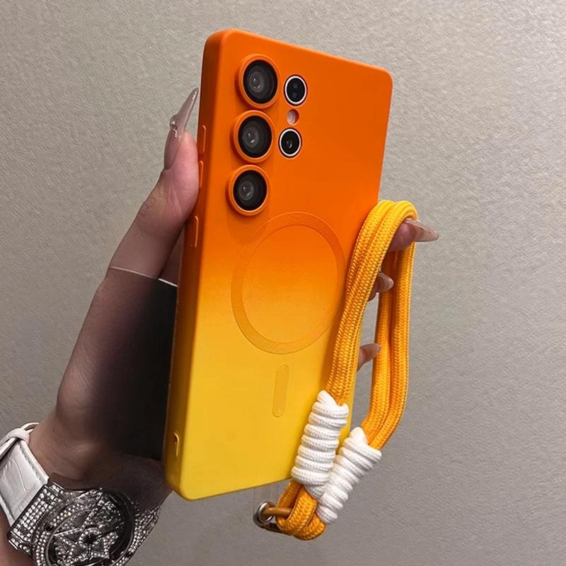 Luxuriöse Farbverlauf Magsafe Hülle für Samsung Galaxy S25 S24 S23 S22 S21 Ultra S25 Plus Flüssigsilikon Weiche Handkette Hülle for Samsung S23 orange