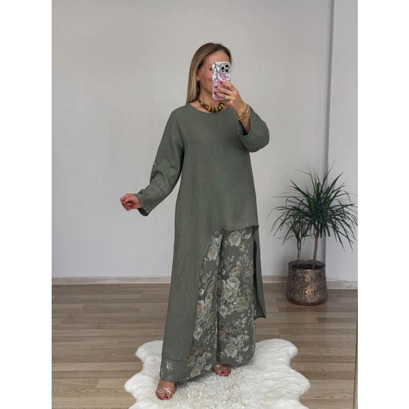 Damenmode Lässig Frühling Herbst Blumenmuster Druck Langarm O-Ausschnitt Hosen Hosen Anzüge XXL grün