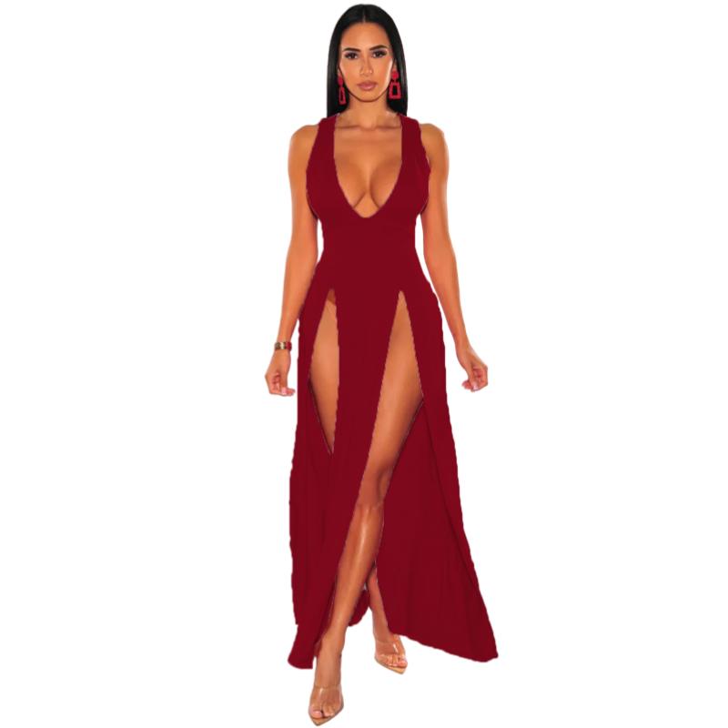 Neuheiten Damen Sexy High Split Kleider Ärmellos Tiefem V-Ausschnitt Hoher Schlitz Lange Party Bodycon Rote Sommerkleider XS claret