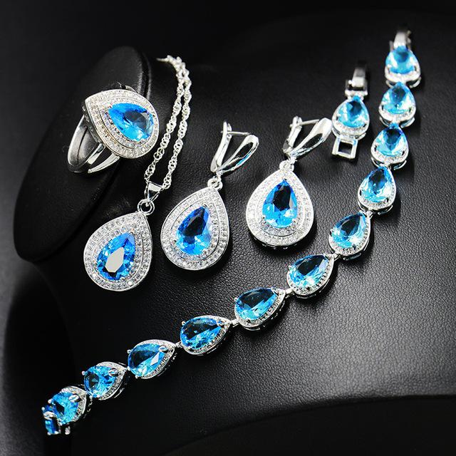925 Silber Schmuckset Wassertropfenform Zirkon Edelstein Ring Ohrringe Anhänger Halskette Armband für Frauen Hochzeitsgeschenk 10 meer-blaue