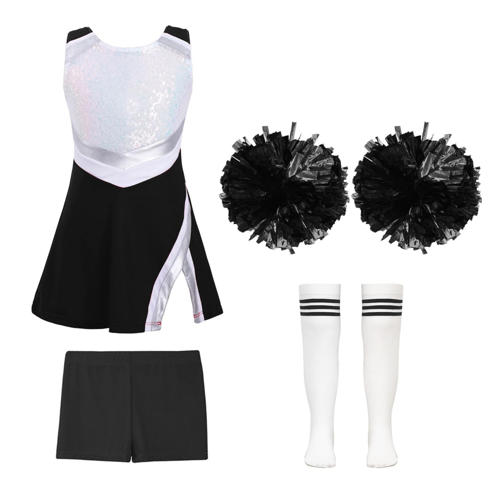 Glänzendes Cheerleading-Kostüm für Kinder, Mädchen, Schulmädchen-Tanzkleid, Uniform, komplettes Outfit mit Pompons für die Halloween-Party 3-4 Years weiß/schwarz