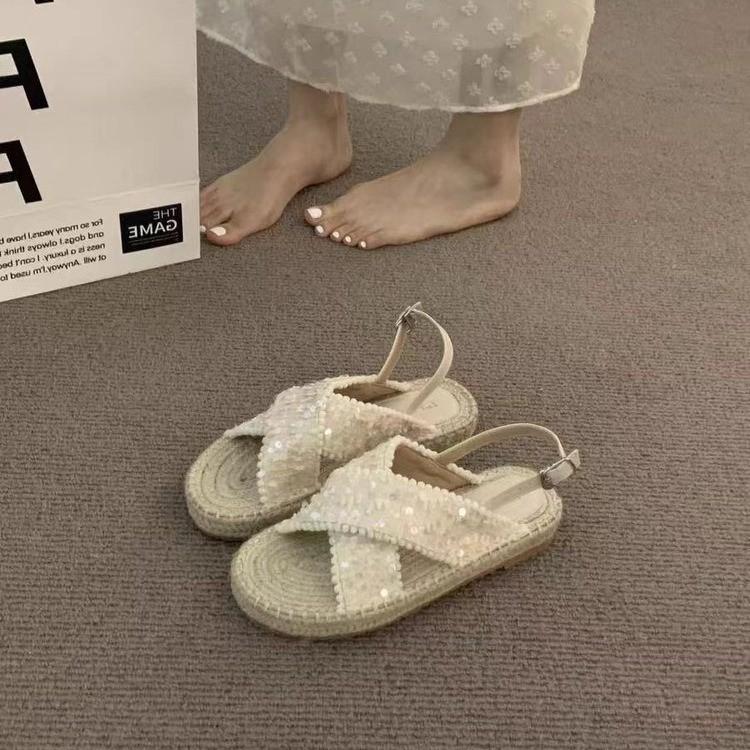 Mode Damen Sandalen Flache Römerschuhe für Damen Gestrickt Sommer Outdoor Cross Damen Pantoletten Damen Sandalen 42 beige