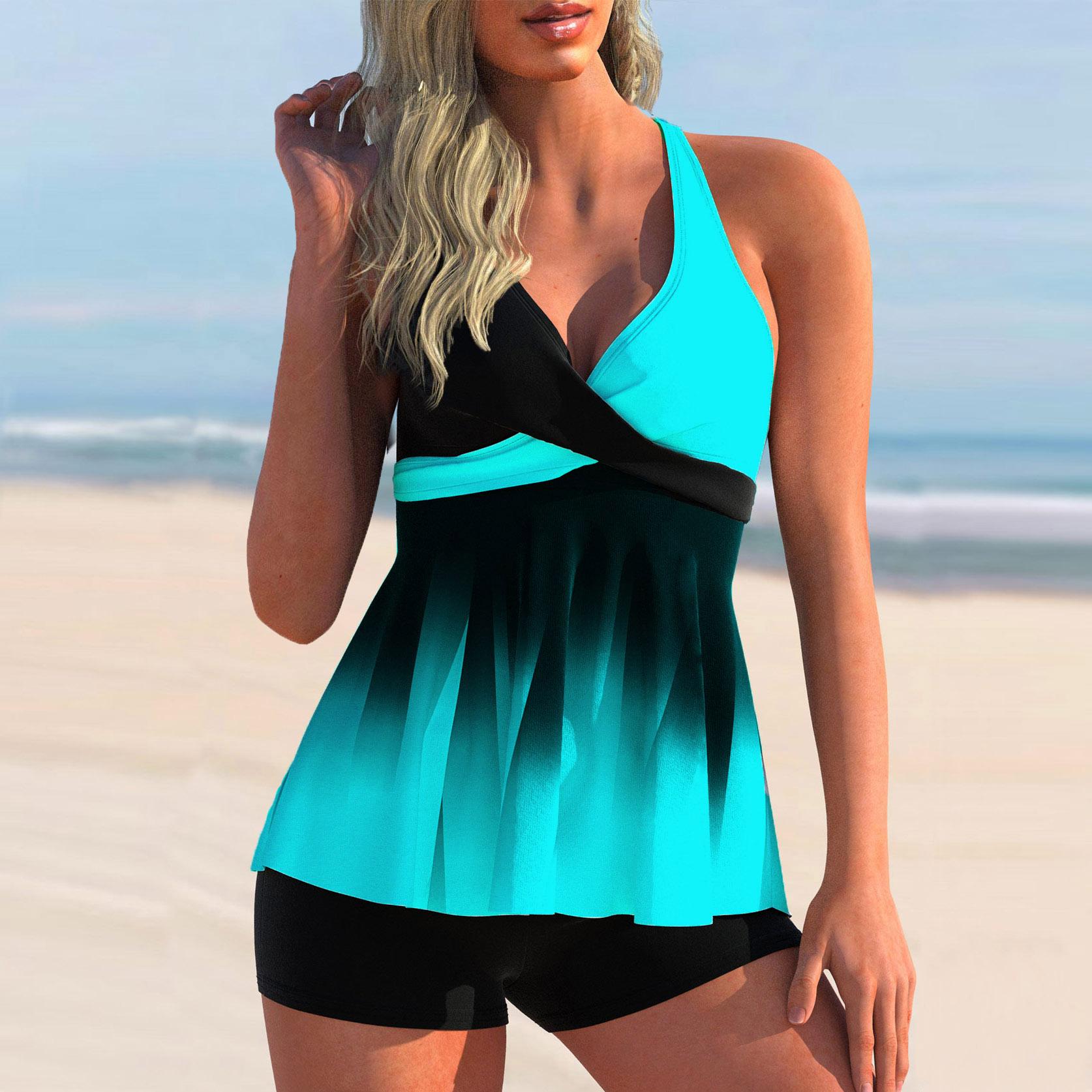 Damen-Badeanzug mit Schultergurt, Farbverlaufsdruck, Bikini-Tankini-Badeanzug 5XL blau