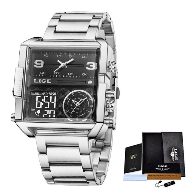 LIGE Top Marke Luxus Herren Uhren Quadratische Digitale Sport Wasserdicht Männer Quarz Armbanduhr silber/schwarz