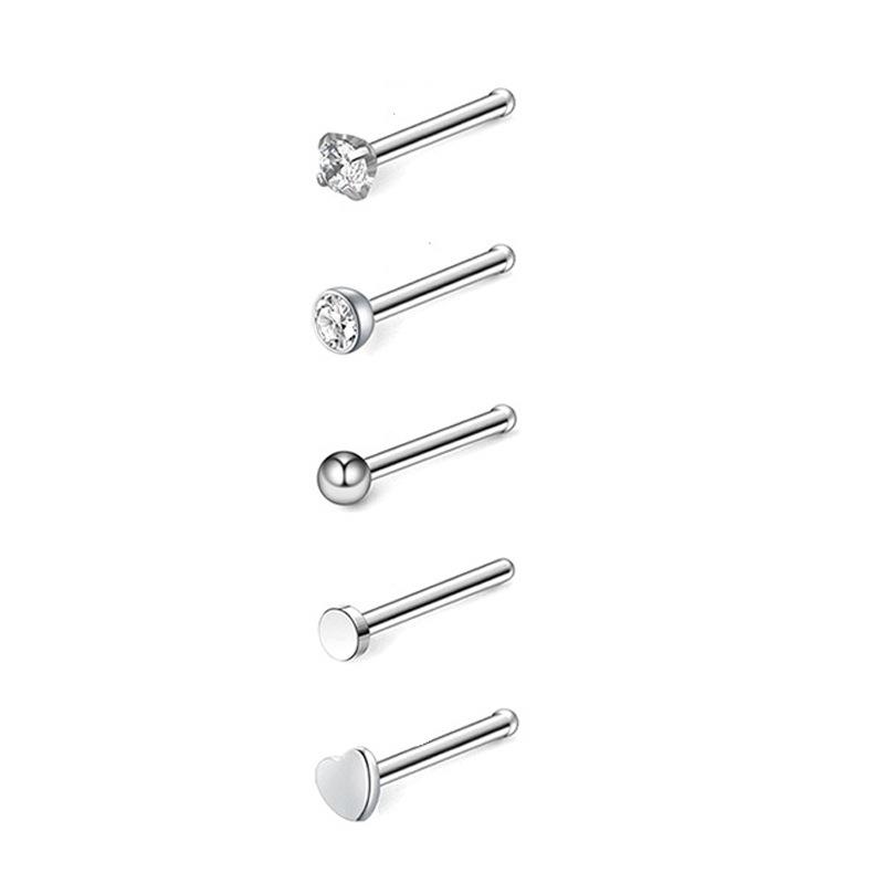 5-teiliges/21-teiliges Set Nasenpiercing-Ring, Nasennägel, Piercing, Kristall, Nasenstecker, Packung mit 20 g, L-Form, Nasenringe-Set, Herz, Nasenloch, Cruve, L-Form 5Pcs Straight silber
