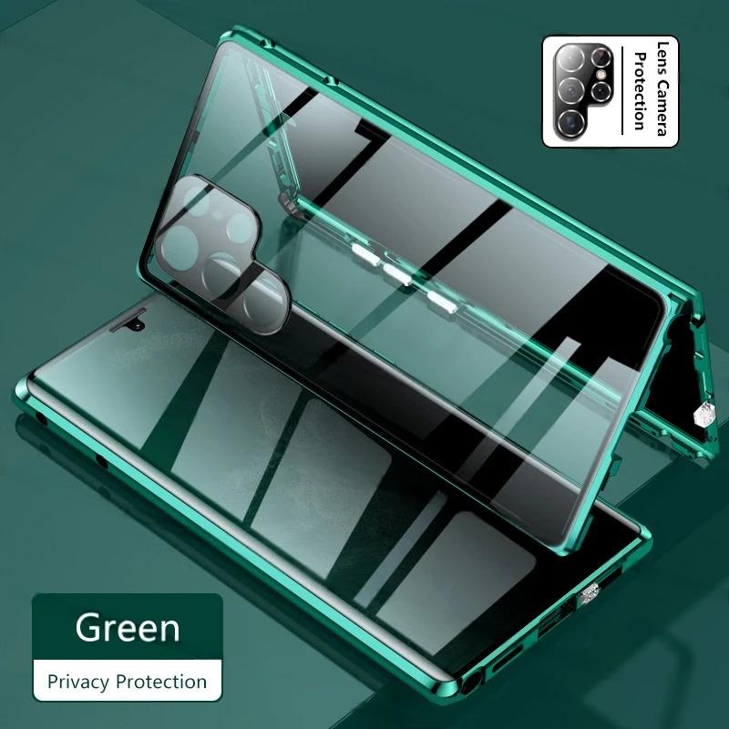 Magnetische Sichtschutzhülle aus gehärtetem Glas aus Metall für Huawei P30 Pro P40 Pro+ P50 P60 P70 Pura Ultra mit Kameraobjektivschutz, doppelseitige Glasabdeckung Huawei Pura 70 Pro grün