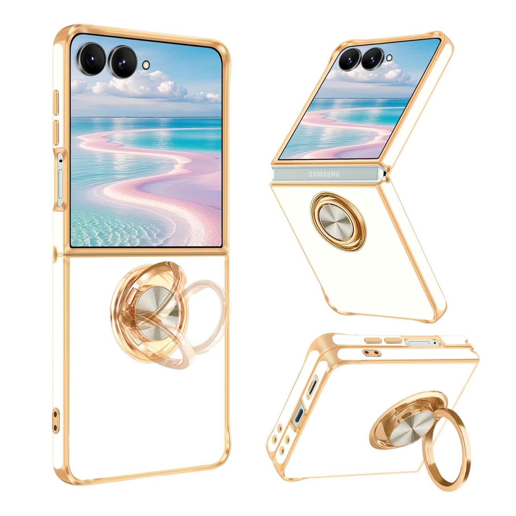 Für Samsung Z Flip 8 Ringhalter Hülle Luxus Vergoldung Airbag Stoßfest Hülle für Samsung Galaxy Z Flip 7 FE 6 5 Männer Frauen Hülle Galaxy Z Flip5 weiß