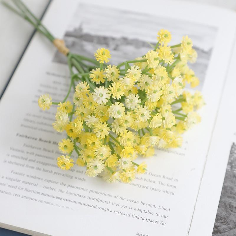 Weiche Kunststoff-Schleierkraut-Kunstblumen 22cm Real Touch Gipsophila Mini-Bouquet für Hochzeit Heimdeko, 1 Packung gelb