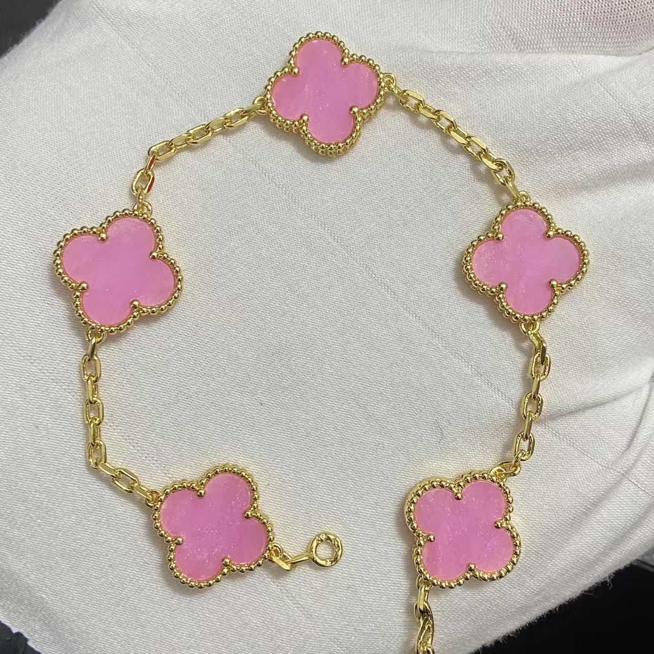 Neue Version Vierblättriges Kleeblatt Fünf-Blüten-Armband Natürlicher Roter Achat Weißes Perlmutt-Armband Damen Laser-Armband V Gold pink