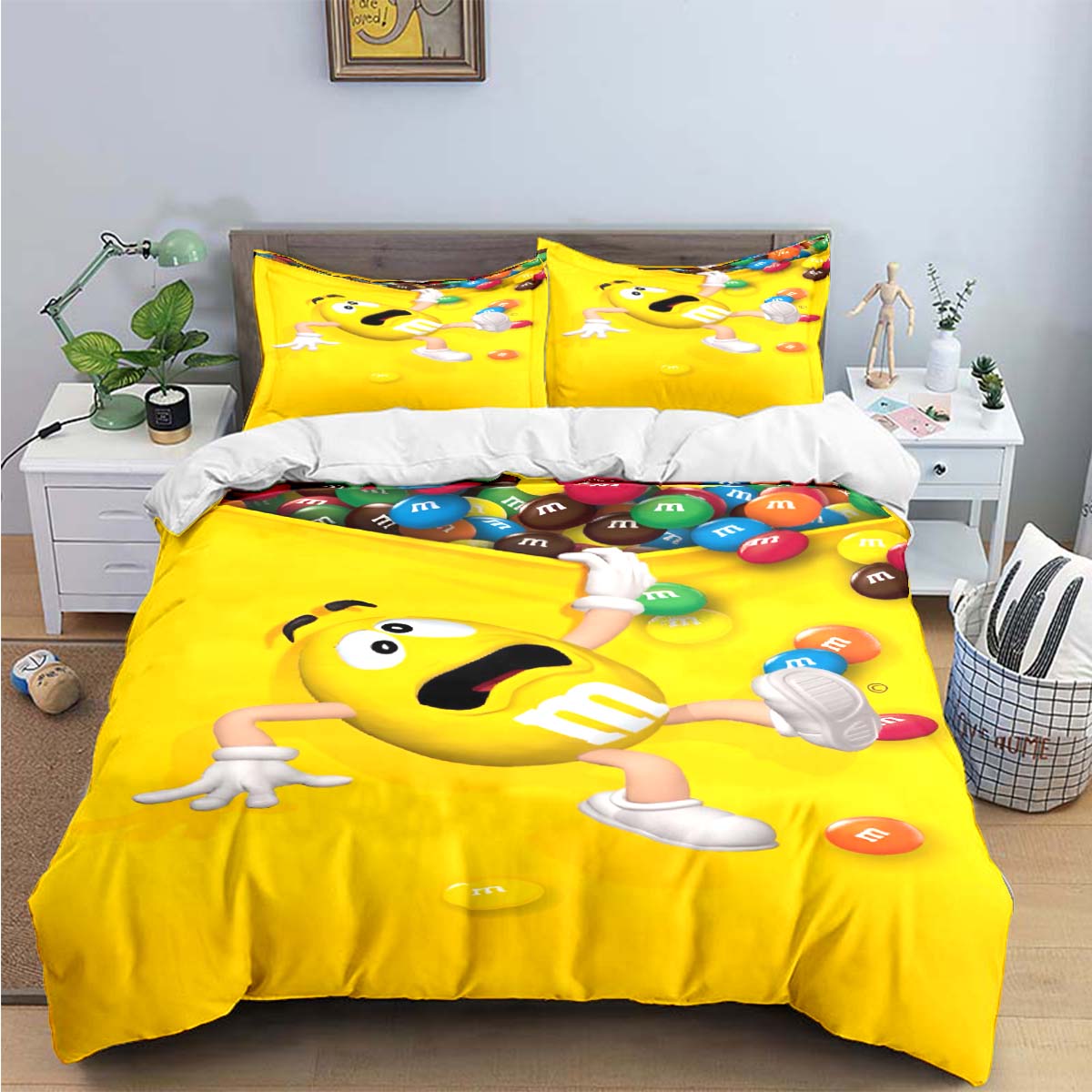 Modische M&M Schokoladen Logo Print Bettwäsche Sets Exquisites Bettwaren Set Bettbezug Bettdecke Set Bettwäsche Set Luxus Geschenk 180*220cm 3pcs